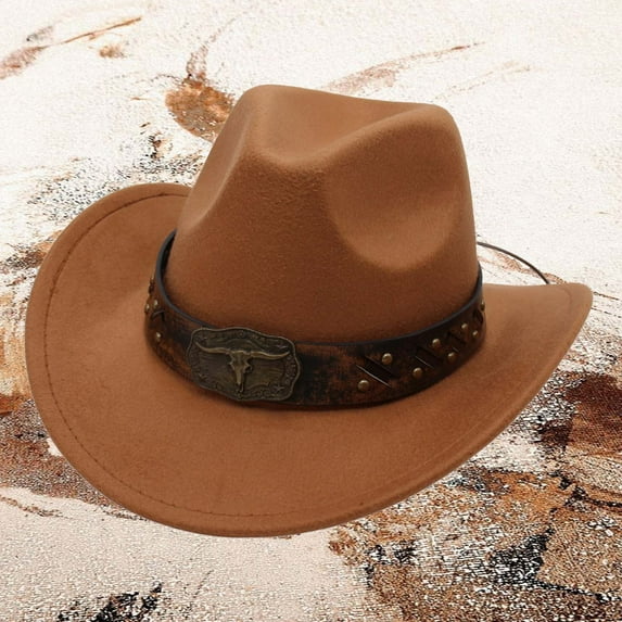 Celivon Western Cowboy Hat Jazz Bowler Hat Cow Head Decoration Ethnic Style Hat