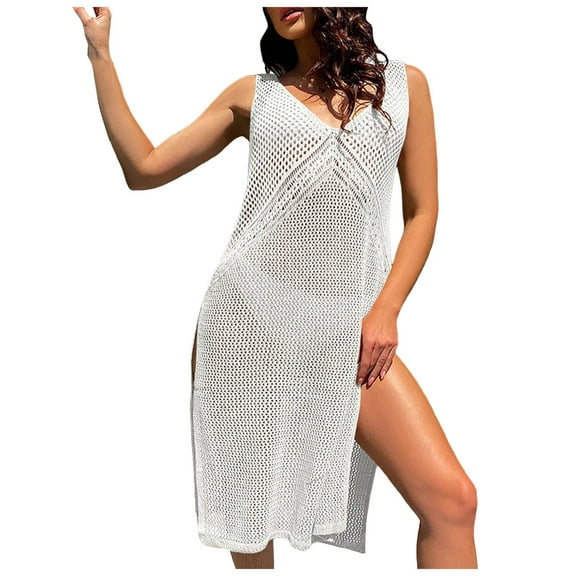 Celivon Women Crochet Swimsuit Cover Up Sleeveless Hollow Out Long Swim Split Mesh Beach Dress Fringe White