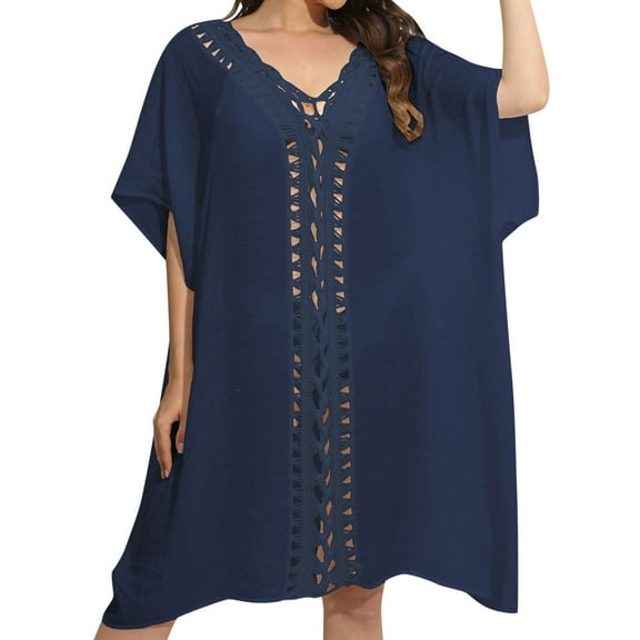 Celivon Womens Crochet Floral Patchwork Loose Dress Beach Cover Up Swimsuits Tie-Front Closure Navy