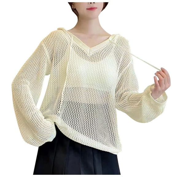 Celivon Womens Hollow Out Long Sleeve Crochet Cover Up Sweater Tops Oversized Hoodie Lightweight Knit Pullover Side Ties Beige