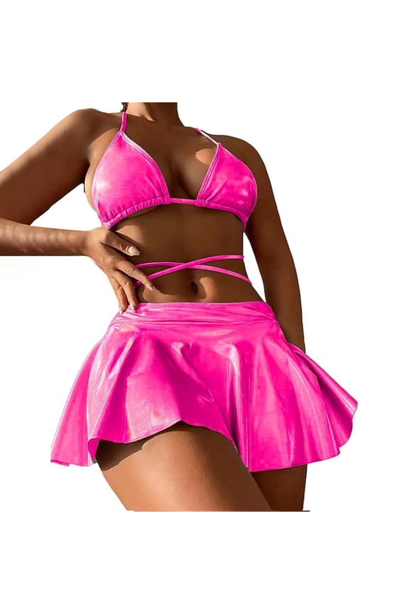 Celivon Womens Leather High Waist Three Piece Two Piece Swimsuit Lacquer Bikini Surfing Wear