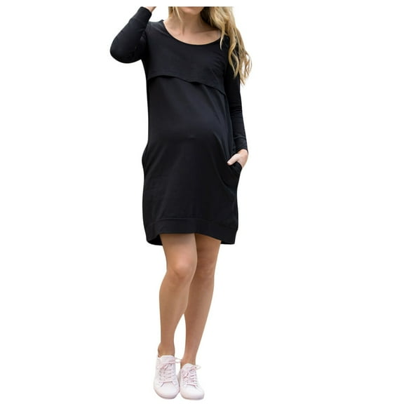 Celivon Womens Long Sleeve Maternity Dress Solid Color With Pocket Autumn Winter Soft Flattering Comfy Pregnancy Clothes