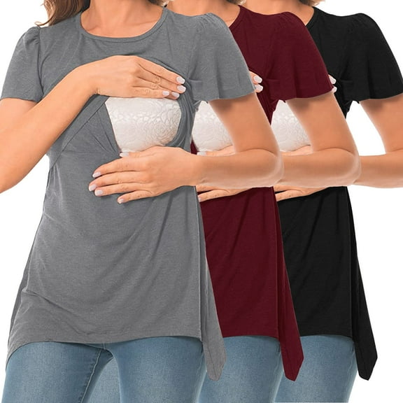 Celivon Womens Maternity Nursing Tops,3-Pack,Short Sleeve Irregular Hem Breastfeeding Shirt Flattering Comfy Pregnancy Clothes