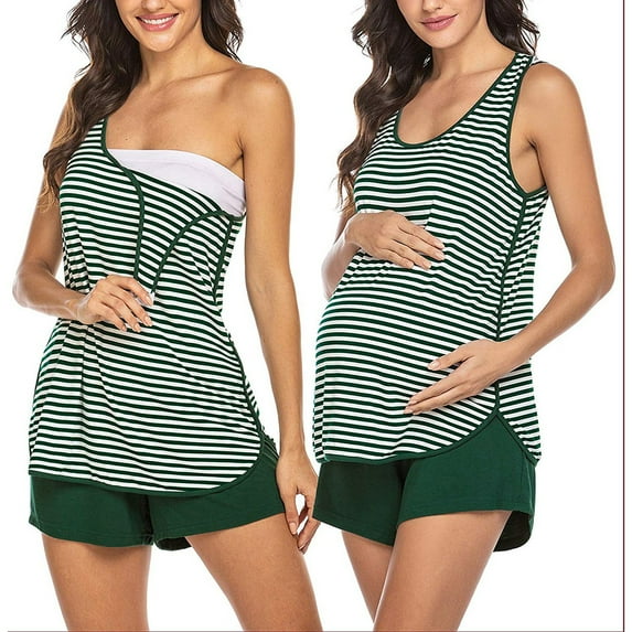 Celivon Womens Maternity Pajama Set Striped Crewneck Chemise And Boyshort Loungewear Sets