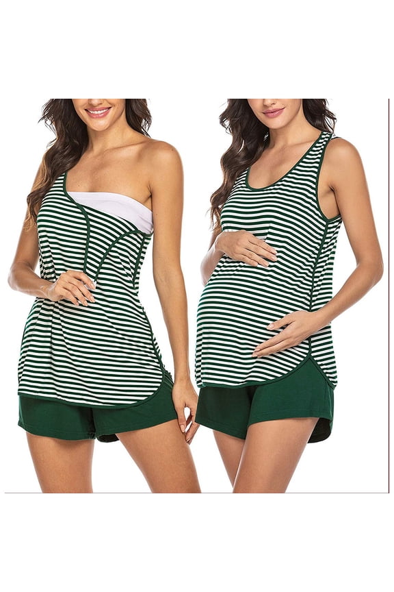 Womens Maternity Pajama Set Striped Crewneck Chemise And Boyshort Loungewear Sets