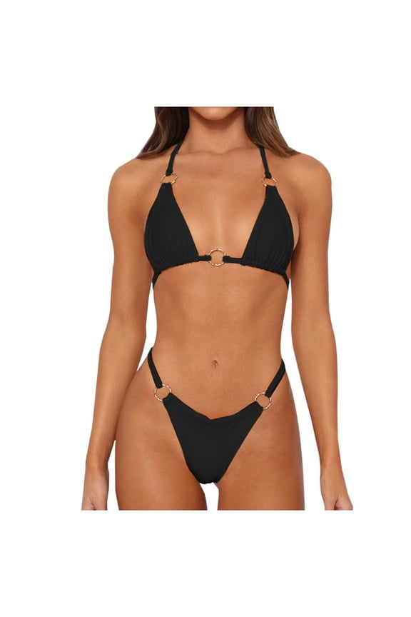 Womens Matte Finish Elegant Monochrome Two Piece Swimsuit Cut High Waisted Bikini Set For Beachwear And