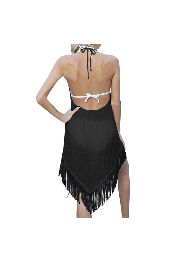 Womens Sexy Backless Bikini Cover Up Dress With Fringe Trim Ties Beachwear Swimsuit Kaftan Mesh Black