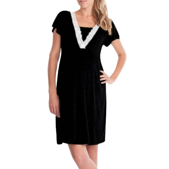 Celivon Womens Short Sleeve Maternity Nursing Dress Lace Casual Pajamas Breastfeeding Dress Flattering Comfy Pregnancy Clothes
