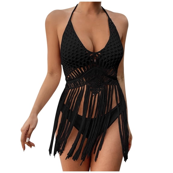 Celivon Womens Solid Summer Tassel Camisole Bikini Outerwear Cover Up Beach Swimsuit Cover Up Fringe Black
