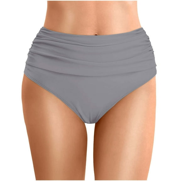 Celivon Womens Summer Solid Color High Waist Tummy Control Pleated Beach Double Layered Briefs Swim Trunks Beach Vacation Clothes Grey