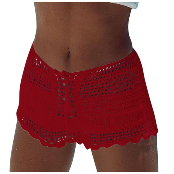 Celivon Womens Summer Solid Color Knitted Sexy Hollow Out Drawstring Beach Shorts Swimming Trunks Beach Vacation Clothes Red