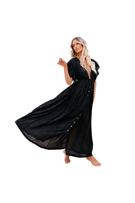 Womens Swimsuit Cover Up Slub Cotton Button Button Waist Rope Long Dress Cardigan Vacation Beach Jacket Sunscreen Jacket Long Skirt Bikini Cover Up