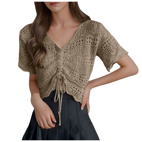Celivon Women Crochet Top Beach Cloth Drawstring Shirt Cover Up Sexy Beachwear Lace Up T Shirt Side Ties Khaki