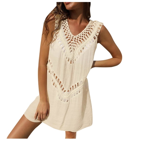 Celivon Womens Bathing Suit Cover Up Slub Cotton Hand Hook Stitching V Neck A Line Skirt Sexy Beach Bikini Beige Swimsuit for Women