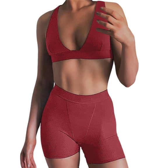 Wxolcjlv Workout Sets For Women 2 Piece Solid Vest V Neck Vest Shorts Blouse Elasticity Pant Set Suits Gym Yoga Active Wear Outfit Red