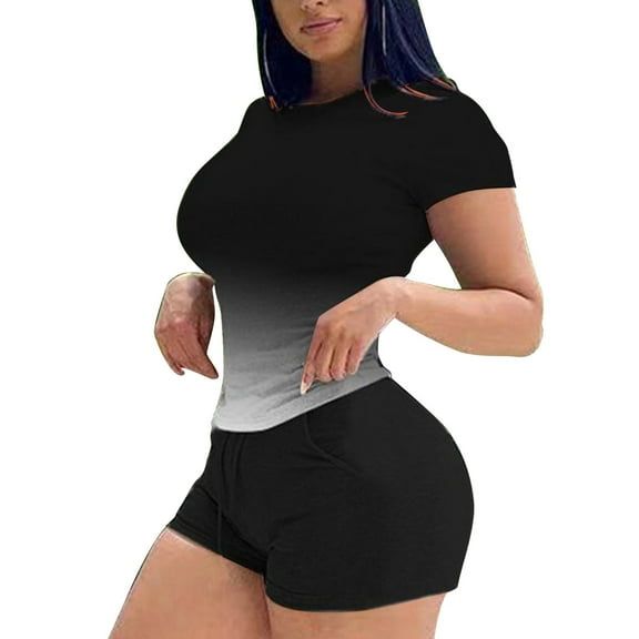 Wxolcjlv Workout Sets For Women 2 Piece Suit Summer Sports Suit Round Neck Gradient Print Short Sleeve Shorts Set Gym Yoga Active Wear Outfit