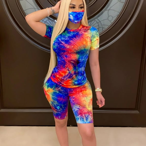 Wxolcjlv Workout Sets For Women 2 Piece Tie-Dye O-Neck Home Sports Shorts Suit Gym Active Wear Loungewear Yoga Outfit