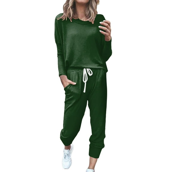 Wxolcjlv Workout Sets For Women Jogging Suit 2 Piece Long Pants Round Neck Long Sleeve Shirt Drawstring Sweatpants Pocket Suit Gym Yoga Active Wear Outfit