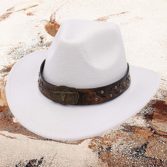 Celivon White Western Cowgirl Hat Jazz Bowler Hat Cow Head Decoration Ethnic Style Hat