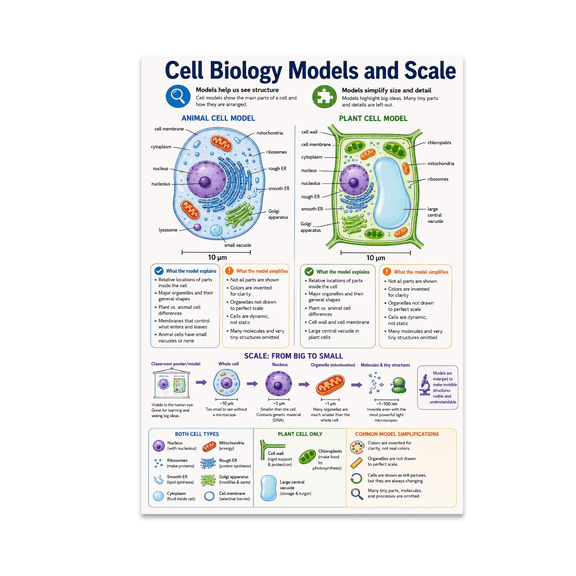Cell Biology Models and Scale Poster, Biology Lessons, Science Classrooms, and Educational Displays, 13x19 Glossy Paper