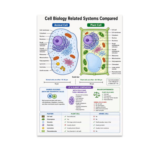 Cell Biology Related Systems Compared Poster, Science Classrooms, Biology Lessons, and Educational Displays, 13x19 Glossy Paper