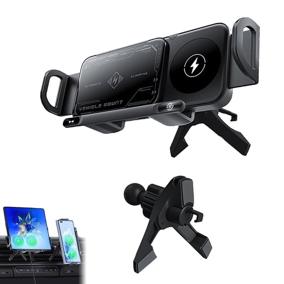 Cell Phone Automobile Cradles, 2025 Upgrade Mobile Phone/Pad Holder, 2 in 1 Auto Rotating Phone Holder, Wireless Charging Dock, Smart Car Mount for Smartphone, Tablet, Foldable Device (Black, B)