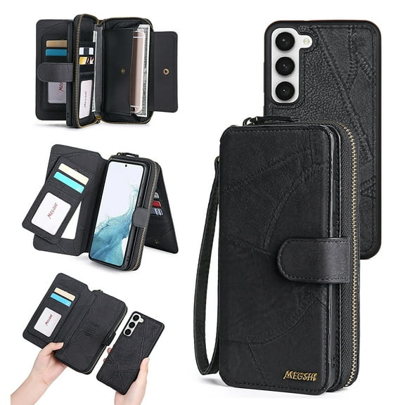 Cell Phone Bag Case for Samsung Galaxy S22 Plus, 2 In 1 Wallet Case Detachable Back Cover Zipper Pocket Hand Wrist Shockproof Large Space Cards Holder Purse Case for Galaxy S22 Plus, Black