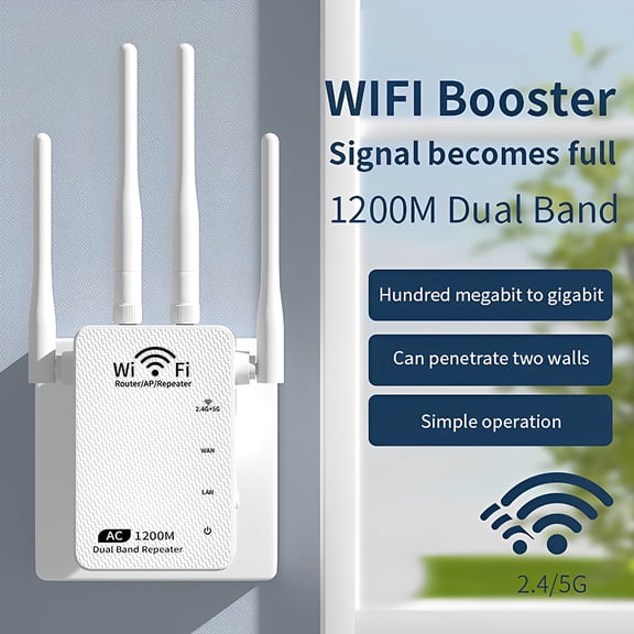 Cell Phone Booster 4 Antenna Signal Extender 5G High-Speed Expansion WiFi Booster Plug and Play Signal Amplifier Dual Band 1200M Wireless Network Signal Booster for Living Room Home Office White