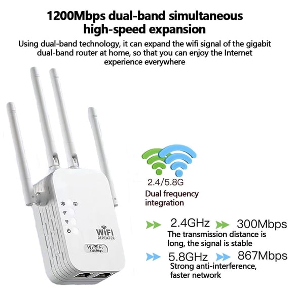 Cell Phone Booster For Home Signal Extender 5G High-Speed Expansion WiFi Booster Dual Band 1200M Wireless Network Signal Booster for Indoor and Home Use US Plug White