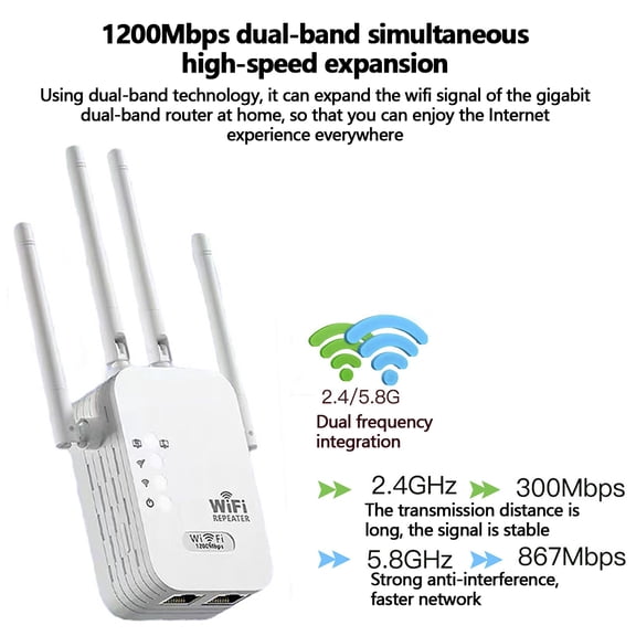 Cell Phone Booster For Home Signal Extender 5G High-Speed Expansion WiFi Booster Dual Band 1200M Wireless Network Signal Booster for Indoor and Home Use US Plug White