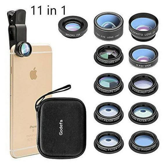 Cell Phone Camera Lens Kit,11 in 1 Super Wide Angle+ Macro+ Fisheye Lens +Telephoto+ CPL+3/6 Kaleidoscope+Starburst/Radial/Soft/Flow Filter Lens Compatible for iPhone X/8/7/6s/6 Plus, Samsung,Android