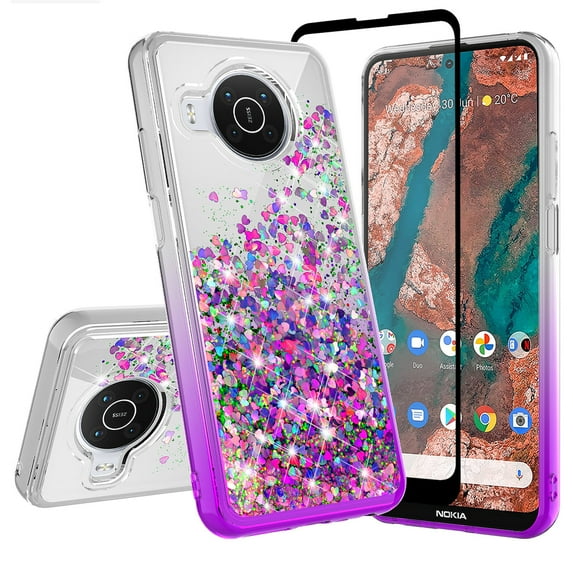 Spy Case for T-Mobile Nokia X100 Liquid Glitter Diamond Phone Case Cover w/Tempered Glass Screen Protector - Clear/Purple