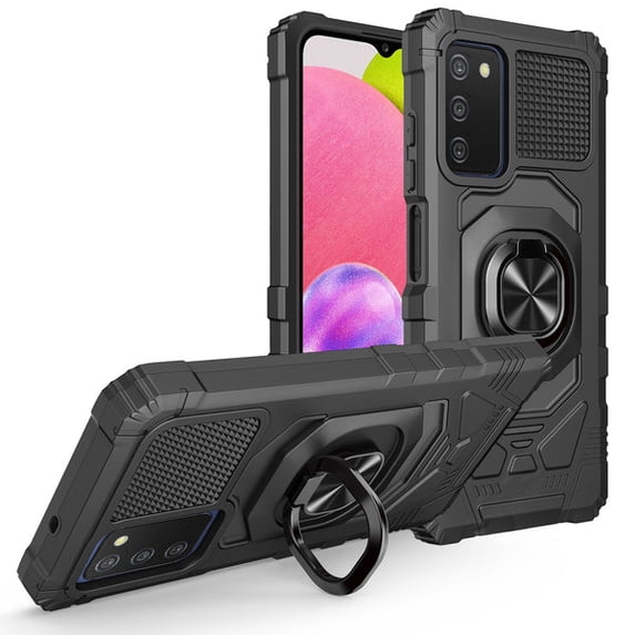 Galaxy A03s Case,Samsung Galaxy A03s Case with Tempered Glass Screen Protector Car Mount Ring Kickstand Shockproof Phone Case - Black