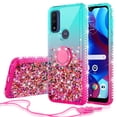 thumbnail image 1 of Liquid Glitter Phone Case for Motorola Moto G Play 2023/G Pure / Moto G Power 2022 Case Ring Kickstand for Girls Women Clear Case Cover - Teal/Pink, 1 of 5
