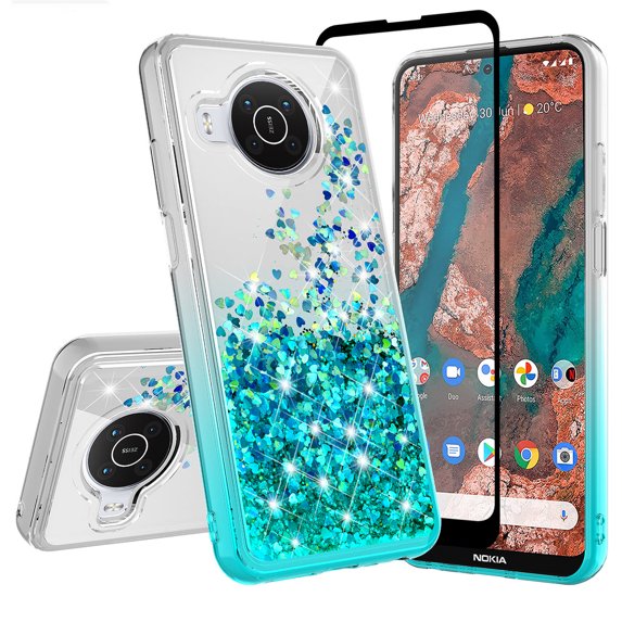 Liquid Glitter Phone Case for Nokia X100 Case Cover w/Tempered Glass Screen Protector - Clear/Teal