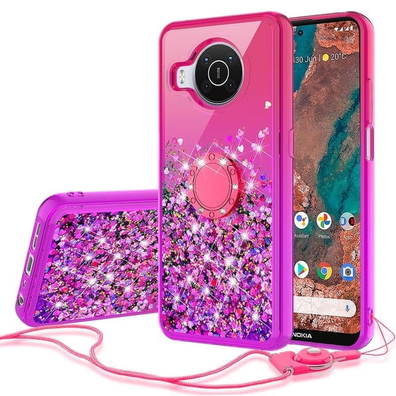 Liquid Glitter Phone Case for Nokia X100 Case Cover Ring Kickstand w/Tempered Glass Screen Protector - Hot Pink/Purple