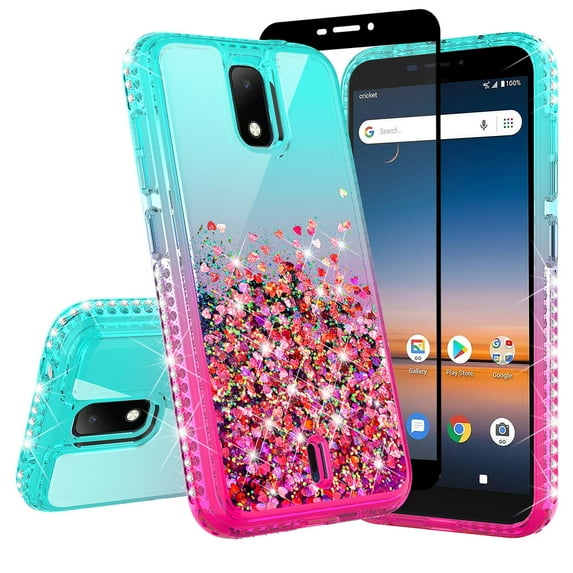 Cricket Debut/Vision 3/AT&T Calypso 1 & 2 (U318AA/U319AA) Liquid Glitter Phone Case Cover w/Tempered Glass Screen Protector - Teal/Pink