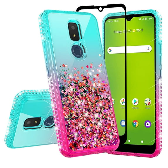 Liquid Glitter Phone Case for AT&T Motivate 2 Case, Cricket Icon 3 Case, Splendor Case Cover w/Tempered Glass Screen Protector - Pink/Teal