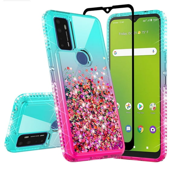 Cricket Dream 5G Case /Innovate 5G /AT&T Radiant Max 5G Case / Fusion 5G Case Liquid Glitter Phone Case Cover w/Tempered Glass Screen Protector - Purple/Blue