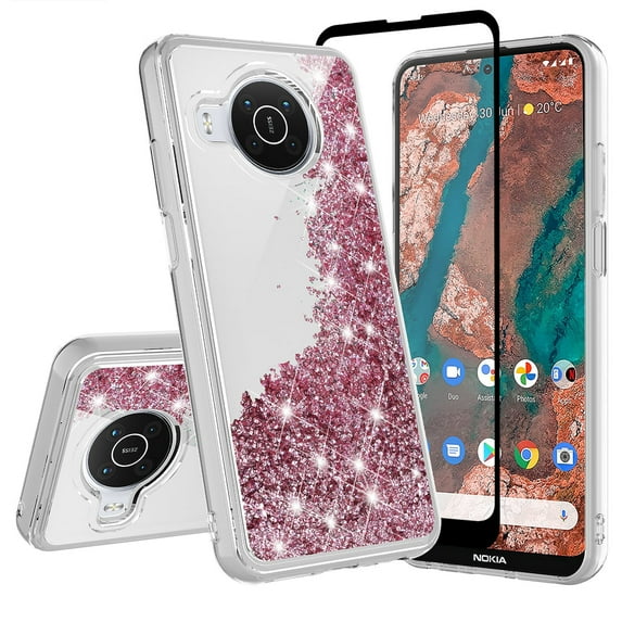 Spy Case for T-Mobile Nokia X100 Liquid Glitter Diamond Phone Case Cover w/Tempered Glass Screen Protector - Clear/Rose Gold