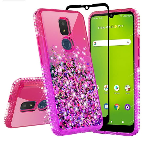 Liquid Glitter Phone Case for Cricket Icon 3 Case, At&t Motivate 2 Case, Cricket Splendor Case Cover w/Tempered Glass Screen Protector - Hot Pink/Purple
