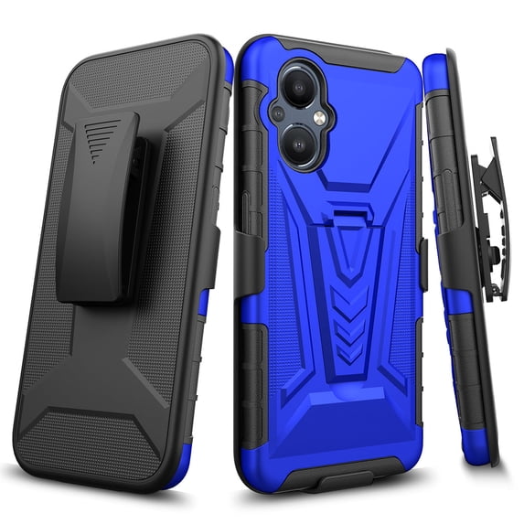 For T-Mobile OnePlus N20 5G Belt Clip Holster Kickstand Shock Proof Phone Case Cover with Tempered Glass Screen Protector - Blue