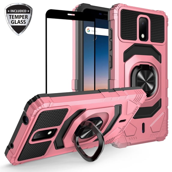 Spot goodsNokia C100 Case w/Tempered Glass Screen Protector Ring Car Mount Kickstand Hybrid Hard Shockproof Phone Case - Rose Gold