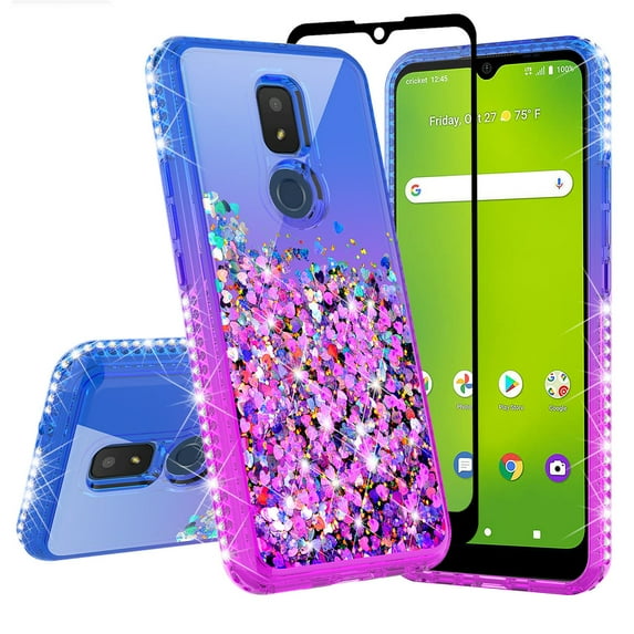 Spy Case for At&t Motivate 2 / Cricket Icon 3 / Splendor Case Liquid Glitter Fitted Phone Case Cover with Tempered Glass Screen Protector - Purple/Blue
