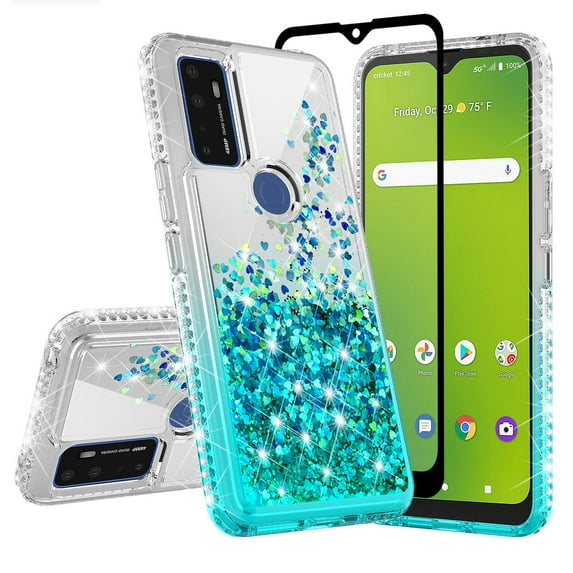 AT&T Radiant Max 5G Case / Fusion 5G Case / Cricket Dream 5G Case / Innovate 5G Case Liquid Glitter 360 Degree Protection Phone Case Cover w/Screen Protector - Teal/Clear