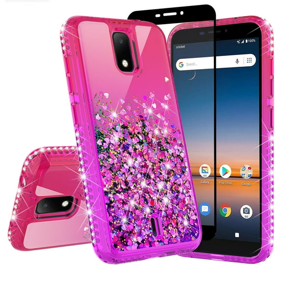 Cricket Debut/Vision 3/AT&T Calypso 1 & 2 (U318AA/U319AA) Liquid Glitter Phone Case Cover w/Tempered Glass Screen Protector - Hot Pink/Purple