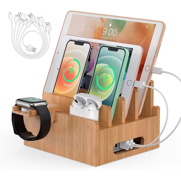 Cell Phone Charging Stations, Bamboo Dock Organizer for Multi Devices, Tablets, Smart Watch, with Pack 5 Cables, No Power Charger Supply