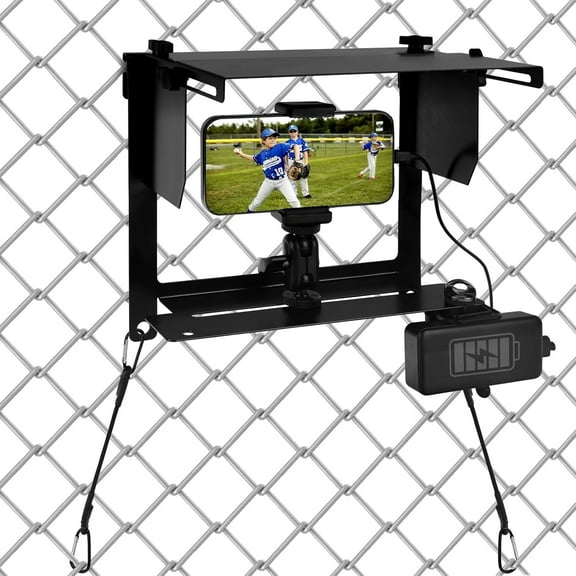 Cell Phone Fence Mount with Shade, Camera Fence Clip Holder Mounting Kit for Game Changer, Fence Mount with Power Bank Clip for Phone & Action Cameras, for Recording Baseball, Tennis, Sports Games