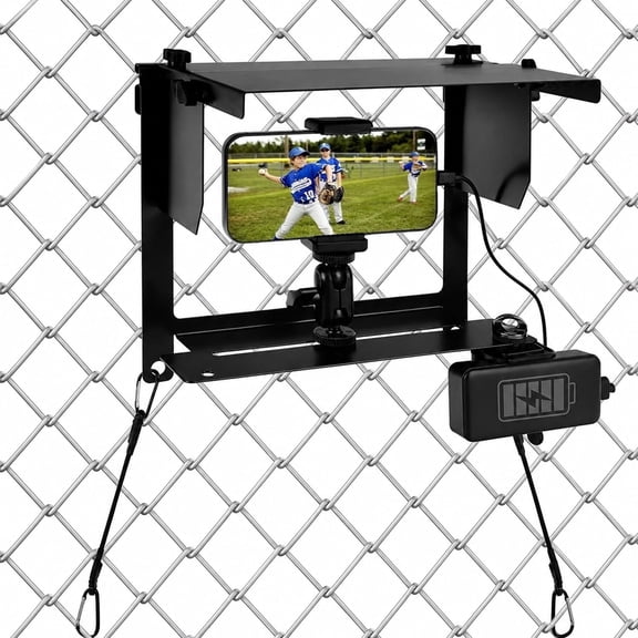 Cell Phone Fence Mount with Shade, Camera Fence Clip Holder Mounting Kit, Fence Mount with Power Bank Clip for Phone & Action Cameras, for Recording Baseball, Tennis, Sports Games