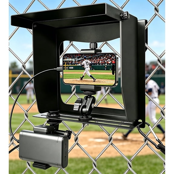 Cell Phone Fence Mount with Sun Shade & Power Bank Pocket, Tool-Free Mounting Kit for iPhone, GoPro, Mevo Start & Action Cams, Foldable Baseball Softball Tennis Recording Tripod for Travel